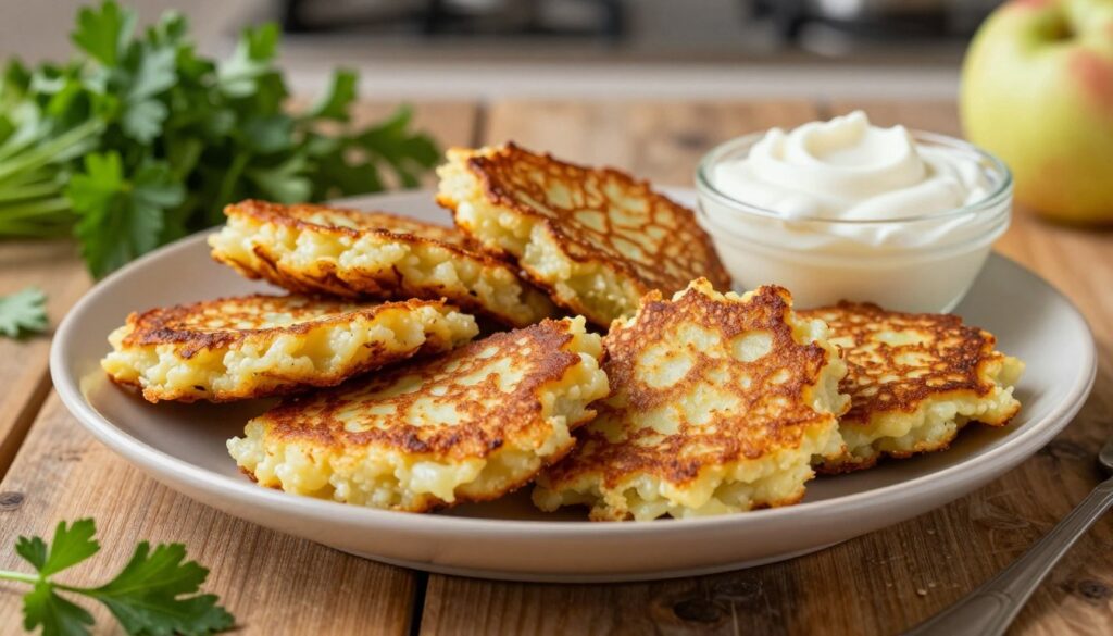 A close-up shot of a plate of crispy, golden-brown placki ziemniaczane (potato pancakes) prepared without eggs, arranged artfully on a rustic wooden table. The surface of the pancakes should showcase their textured, slightly uneven edges, highlighting their crispy exterior and soft, fluffy interior. Surround the plate with fresh herbs like parsley and a small bowl of apple sauce or sour cream for dipping, adding vibrant color contrast. The background should be a softly blurred kitchen setting, with warm, ambient lighting that enhances the inviting atmosphere. This image should evoke a sense of comfort and homeliness, focusing on the delicious, egg-free alternative preparation of traditional Polish cuisine.