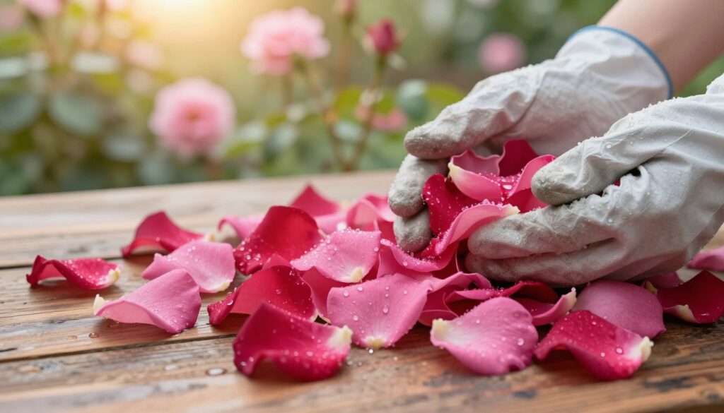 A close-up shot of delicate, vibrant rose petals spread out on a rustic wooden table, showcasing various shades of pink and deep red. The petals should be glistening with droplets of water, indicating freshness after a gentle morning dew, while a pair of hands, clad in light gardening gloves, delicately gathers them. In the background, a blurred garden scene is visible, with blooming rose bushes bathed in warm, soft sunlight, creating a serene atmosphere. The focus should be sharp on the petals and hands, with a shallow depth of field for a dreamy quality. Capture this with soft, diffused lighting to evoke a sense of tranquility and natural beauty, perfect for the context of preparing ingredients for jams and teas. A close-up shot of delicate, vibrant rose petals spread out on a rustic wooden table, showcasing various shades of pink and deep red. The petals should be glistening with droplets of water, indicating freshness after a gentle morning dew, while a pair of hands, clad in light gardening gloves, delicately gathers them. In the background, a blurred garden scene is visible, with blooming rose bushes bathed in warm, soft sunlight, creating a serene atmosphere. The focus should be sharp on the petals and hands, with a shallow depth of field for a dreamy quality. Capture this with soft, diffused lighting to evoke a sense of tranquility and natural beauty, perfect for the context of preparing ingredients for jams and teas.