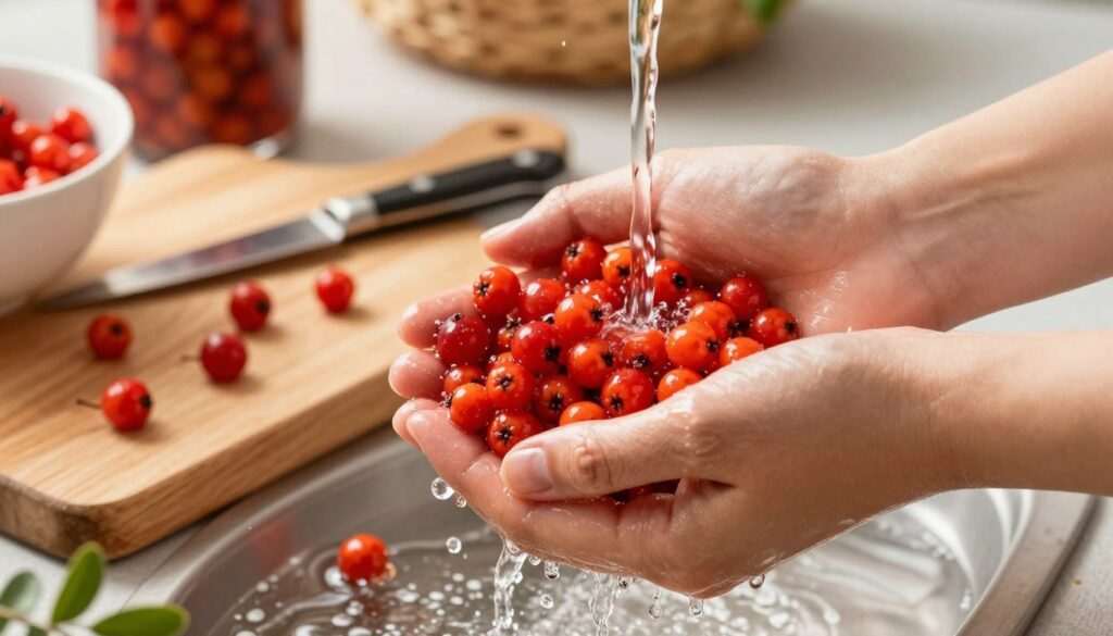 A close-up shot of vibrant, ripe firethorn berries (owoc ognika) being prepared for consumption. In the foreground, a pair of skilled hands delicately washing the bright red berries under clear running water, showcasing their shiny, textured surface. The middle ground features a wooden cutting board with some berries already arranged, and small kitchen tools like a knife and a bowl ready for further preparation. The background has an inviting kitchen atmosphere with soft, warm lighting illuminating the scene, emphasizing the freshness and color of the fruits. The mood is wholesome and homely, capturing the essence of carefully preparing seasonal fruits for eating and preserves.