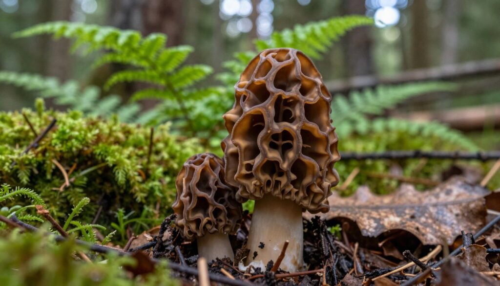 A close-up view of Gyromitra esculenta, also known as the false morel, showcasing its distinctive, lobed, and irregularly shaped cap that displays a rich brown color with lighter tan highlights. The foreground captures the mushroom resting on a bed of damp forest leaf litter, highlighting its unique and somewhat alien appearance. In the middle, lush green ferns and soft mosses frame the mushroom, enhancing its natural habitat. The background features blurred tree trunks and dappled sunlight filtering through the canopy, creating a serene yet slightly ominous atmosphere. The image should utilize soft, diffused lighting to emphasize the mushroom's textures while maintaining a focus on its potentially dangerous nature. The angle should be low to the ground, drawing attention to the mushroom's form and environment, evoking curiosity and caution.
