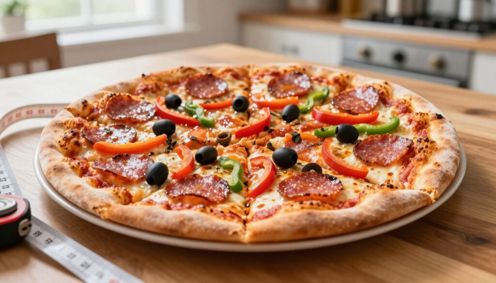 A close-up view of a 40 cm pizza on a wooden table, showcasing the perfectly golden crust and vibrant toppings of pepperoni, bell peppers, and olives. The pizza is cut into equal slices, illustrating portion sizes. In the foreground, a measuring tape is placed beside the pizza, highlighting the diameter. The background features a blurred kitchen setting with soft, natural light streaming in through a window, creating a warm and inviting atmosphere. The angle is slightly above the pizza for a comprehensive view, emphasizing the circular shape while the colors are bright and appetizing. The mood is casual and informative, suitable for culinary discussions, focusing on the geometry of portioning pizzas effectively.