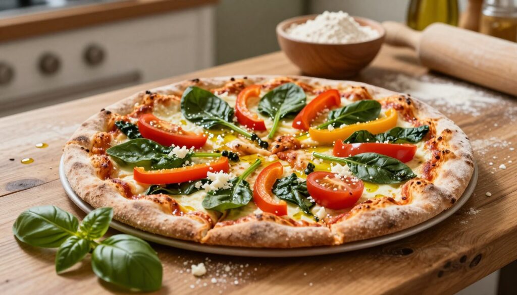 A close-up view of a beautifully presented homemade pizza on a rustic wooden table, showcasing a wholegrain crust topped with vibrant vegetables like spinach, cherry tomatoes, and bell peppers. In the foreground, fresh basil leaves and a sprinkling of low-fat cheese add a pop of color and visual interest. The middle ground highlights the pizza sliced into wedges, with a drizzle of olive oil glistening under warm, natural lighting that creates soft shadows. The background includes a cozy kitchen atmosphere with baking utensils and fresh ingredients, like a bowl of wheat flour and a rolling pin hinting at the pizza-making process. The mood is inviting and healthy, emphasizing a communal, family-oriented cooking experience.