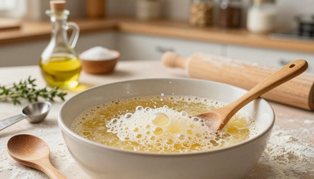 A close-up view of a bowl of freshly prepared "rozczyn," with active yeast bubbles rising in a warm, golden mixture of flour and water. In the foreground, a wooden spoon rests beside the bowl, while a set of measuring spoons and scattered flour depict the baking process. The middle layer features a backdrop of various baking ingredients like olive oil, salt, and a sprig of fresh herbs. Soft, warm lighting creates an inviting kitchen atmosphere, suggesting the coziness of home-baking. The background includes a slightly blurred image of a rustic kitchen setting with wooden shelves and jars filled with baking supplies. The overall mood is cheerful and homey, emphasizing the art of creating delicious pizza dough. A close-up view of a bowl of freshly prepared "rozczyn," with active yeast bubbles rising in a warm, golden mixture of flour and water. In the foreground, a wooden spoon rests beside the bowl, while a set of measuring spoons and scattered flour depict the baking process. The middle layer features a backdrop of various baking ingredients like olive oil, salt, and a sprig of fresh herbs. Soft, warm lighting creates an inviting kitchen atmosphere, suggesting the coziness of home-baking. The background includes a slightly blurred image of a rustic kitchen setting with wooden shelves and jars filled with baking supplies. The overall mood is cheerful and homey, emphasizing the art of creating delicious pizza dough.