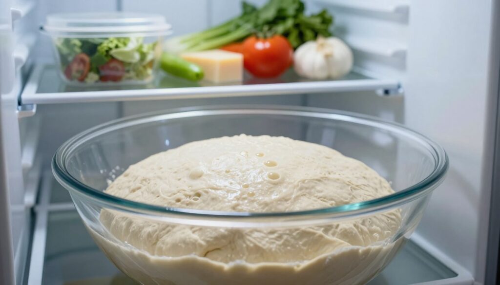 A close-up view of a bowl of pizza dough rising inside a refrigerator. The foreground features a clear glass bowl filled with a light, airy dough, its surface slightly glossy and dotted with small bubbles, indicating fermentation. In the middle ground, the refrigerator's shelves are visible, stocked with various ingredients like fresh vegetables and cheeses in containers, enhancing the kitchen setting. Soft, cool lighting illuminates the scene, casting gentle shadows around the dough to emphasize its texture. The background shows the refrigerator interior with an organized layout, evoking a calm and fresh atmosphere. The overall mood is one of anticipation and meticulous preparation for crafting the perfect pizza crust. A close-up view of a bowl of pizza dough rising inside a refrigerator. The foreground features a clear glass bowl filled with a light, airy dough, its surface slightly glossy and dotted with small bubbles, indicating fermentation. In the middle ground, the refrigerator's shelves are visible, stocked with various ingredients like fresh vegetables and cheeses in containers, enhancing the kitchen setting. Soft, cool lighting illuminates the scene, casting gentle shadows around the dough to emphasize its texture. The background shows the refrigerator interior with an organized layout, evoking a calm and fresh atmosphere. The overall mood is one of anticipation and meticulous preparation for crafting the perfect pizza crust.