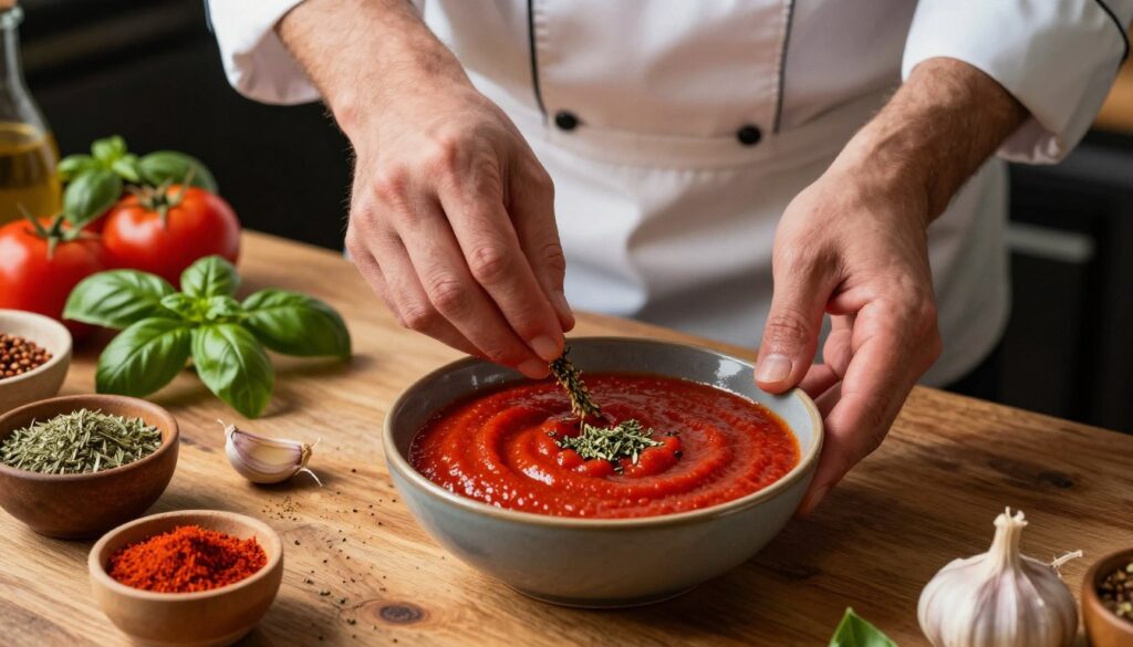 A close-up view of a chef's hands in professional attire finely mixing spices into a vibrant tomato sauce in a small bowl, showcasing fresh ingredients like basil leaves, garlic, and a sprinkle of oregano. The wooden kitchen counter is textured and rustic, adorned with an array of colorful spices in small bowls, creating an inviting culinary atmosphere. Soft, warm lighting highlights the rich red color of the sauce, with slight reflections creating depth, while fresh ingredients in the background blur slightly, emphasizing the action of seasoning. The scene is dynamic, yet calm, embodying the essence of culinary artistry and attention to detail, perfect for capturing the essence of restaurant-quality flavor preparation. A close-up view of a chef's hands in professional attire finely mixing spices into a vibrant tomato sauce in a small bowl, showcasing fresh ingredients like basil leaves, garlic, and a sprinkle of oregano. The wooden kitchen counter is textured and rustic, adorned with an array of colorful spices in small bowls, creating an inviting culinary atmosphere. Soft, warm lighting highlights the rich red color of the sauce, with slight reflections creating depth, while fresh ingredients in the background blur slightly, emphasizing the action of seasoning. The scene is dynamic, yet calm, embodying the essence of culinary artistry and attention to detail, perfect for capturing the essence of restaurant-quality flavor preparation.