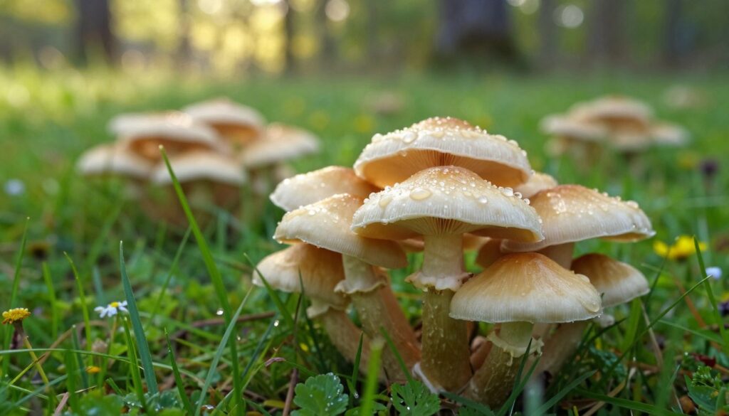 A close-up view of a cluster of Marasmius oreades mushrooms, also known as the fairy ring mushroom, set in a lush green meadow. In the foreground, the delicate, pale yellowish-brown caps are glistening with morning dew, showcasing their smooth texture and subtle gills. Surrounding the mushrooms are rich green grass blades and small wildflowers, enhancing the vibrant natural setting. The middle ground features more clusters of similar mushrooms, creating a sense of depth, while a soft-focus background displays a gentle blur of trees and sunlight filtering through leaves. The lighting is warm and inviting, suggesting a serene, early morning atmosphere. The overall mood conveys a sense of wonder and curiosity about nature.