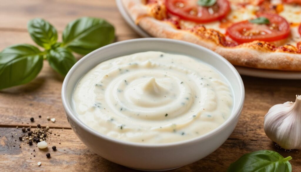 A close-up view of a creamy white pizza sauce in a small bowl, placed on a rustic wooden table. The sauce has a smooth, velvety texture with subtle herbs and spices visible, suggesting richness. Surrounding the bowl are fresh ingredients like basil leaves, minced garlic, and a sprinkle of black pepper to enhance the composition. In the background, a freshly-baked pizza is slightly out of focus, highlighting the contrast between the white sauce and the vibrant red tomato sauce typically found on pizzas. Soft, warm lighting casts gentle shadows, creating a cozy and inviting atmosphere. The angle is a slight overhead shot, emphasizing the details of the sauce and the fresh ingredients without any text or distractions.