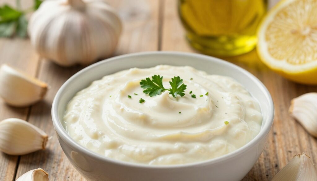 A close-up view of a delicate garlic sauce preparation, showcasing a bowl filled with creamy, smooth garlic sauce with mild garlic cloves placed around it. The sauce should appear glossy and inviting, with a hint of fresh parsley sprinkled on top for garnish, emphasizing its mild flavor. In the background, a rustic wooden table adds warmth, with soft-focused ingredients like extra virgin olive oil and lemon slices gently blurred to create depth. Natural sunlight filters in from the left, casting soft highlights and creating an inviting and fresh atmosphere. The image should evoke a sense of tranquility and culinary charm, highlighting the essence of a gentle garlic sauce.