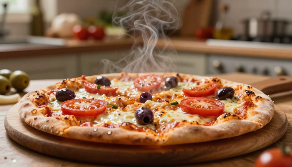 A close-up view of a delicious freshly baked pizza on a wooden pizza peel, showcasing a variety of toppings that highlight moisture content, such as juicy tomatoes, glossy olives, and melted cheese. In the foreground, the pizza is adorned with droplets of oil and steam rising gently, indicating heat and moisture. In the middle background, a rustic kitchen setting reveals shelves lined with various ingredients, emphasizing the theme of baking. Soft, warm lighting illuminates the scene, creating a cozy and appetizing atmosphere. A shallow depth of field focuses sharply on the pizza while softly blurring the background, enhancing the inviting nature of the dish. The overall mood is warm and inviting, perfect for a culinary article.