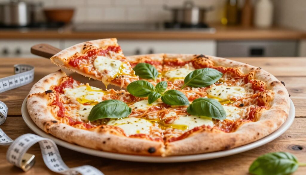 A close-up view of a delicious pizza margherita, showcasing the vibrant colors and textures of its ingredients. The pizza is placed on a rustic wooden table, with fresh basil leaves and a drizzle of olive oil adding a touch of freshness. In the foreground, a measuring tape or a small scale hints at an analysis of caloric content. The middle ground features slices of the pizza revealing the gooey mozzarella and rich tomato sauce, while the background is softly blurred, depicting a cozy Italian kitchen ambiance with warm lighting. Capture the inviting, appetizing mood while highlighting the key components that influence the pizza's caloric value. Use a warm color palette to enhance the visual appeal.