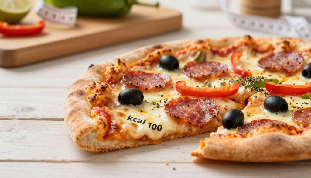 A close-up view of a delicious pizza slice, precisely marked with the "kcal 100" symbol, set against a clean, light wooden table. The pizza should feature a golden-brown crust, melted cheese, and vivid toppings like pepperoni, bell peppers, and olives, with a few herbs sprinkled on top. In the background, soft-focused elements of a rustic kitchen, including a cutting board, fresh ingredients, and a measuring tape subtly hinting at nutritional calculations. Warm, natural light illuminates the scene, casting gentle shadows to create depth. The overall atmosphere should evoke a sense of warmth and comfort, inviting readers to delve into the topic of calorie calculations with ease.