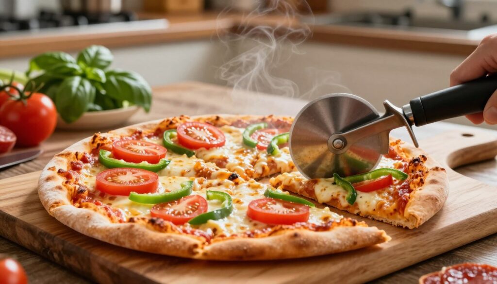 A close-up view of a deliciously topped pizza being sliced on a wooden cutting board, showcasing precision cutting techniques. The pizza is garnished with vibrant tomatoes, green bell peppers, and melted cheese, with steam rising gently, indicating freshness. In the foreground, a sharp pizza cutter glides through the pizza, offering a glimpse of perfectly cut pieces. The middle ground features an inviting kitchen setting, with soft, warm lighting creating a cozy atmosphere. A rustic kitchen table in the background holds fresh ingredients like basil and pepperoni, enhancing the scene's homely feel. Capture the moment from a slightly elevated angle to emphasize the pizza’s textures and colors, evoking a sense of delicious anticipation.