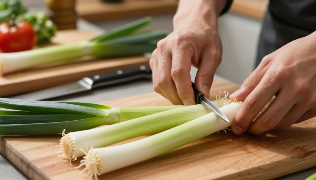 A close-up view of a fresh leek on a wooden cutting board, with vibrant green leaves and creamy white stalks, showcased in the foreground. In the middle, a chef's hands expertly trimming the leek, skillfully removing the root and dark green tops, highlighting the preparation process step by step. In the background, a softly lit kitchen setting with warm tones, featuring other fresh vegetables, a sharp knife, and a rustic cutting board, creating a cozy cooking atmosphere. The overall mood is inviting and instructional, conveying the essence of preparing leeks for consumption. The lighting should be natural and soft, enhancing the fresh colors of the leeks. The camera angle is slightly above, focusing on the action of the hands and the leek. A close-up view of a fresh leek on a wooden cutting board, with vibrant green leaves and creamy white stalks, showcased in the foreground. In the middle, a chef's hands expertly trimming the leek, skillfully removing the root and dark green tops, highlighting the preparation process step by step. In the background, a softly lit kitchen setting with warm tones, featuring other fresh vegetables, a sharp knife, and a rustic cutting board, creating a cozy cooking atmosphere. The overall mood is inviting and instructional, conveying the essence of preparing leeks for consumption. The lighting should be natural and soft, enhancing the fresh colors of the leeks. The camera angle is slightly above, focusing on the action of the hands and the leek.