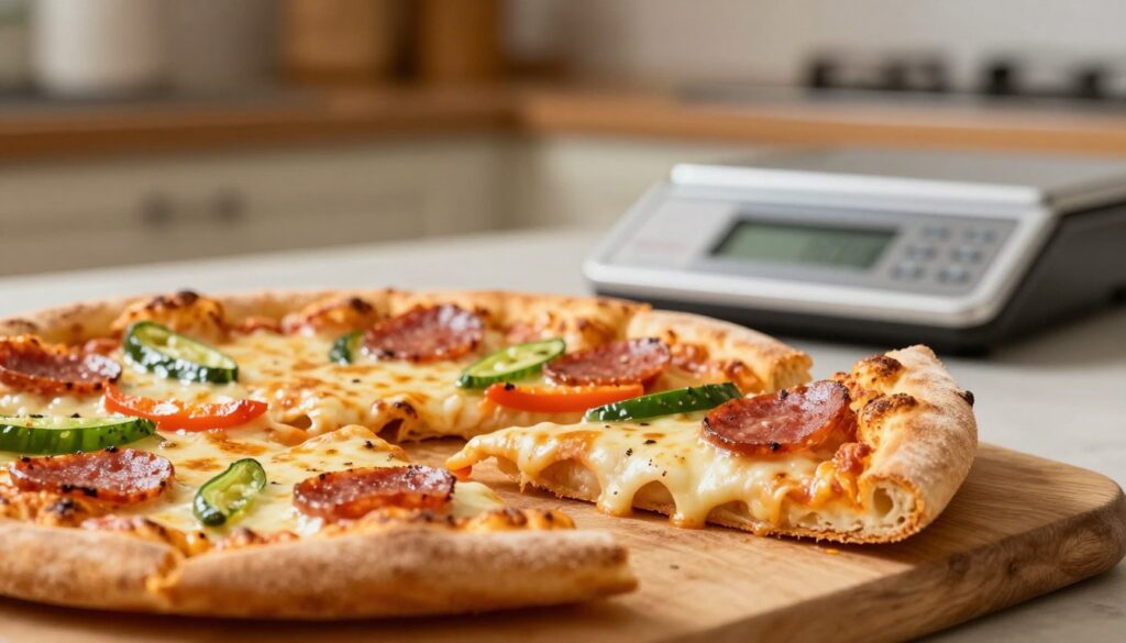 A close-up view of a freshly baked pizza slice placed on a wooden cutting board, highlighting its golden crust and melted cheese, with vibrant vegetables and pepperoni toppings. The foreground features the pizza slice with appealing textures and colors, emphasizing the gooey cheese pulling away as it is being lifted. In the middle ground, a weight scale is visible, displaying the grams of the pizza slice, suggesting the concept of measuring weight. The background is softly blurred, showing a kitchen setting with warm lighting, adding a cozy atmosphere. Soft shadows enhance the realism of the scene, captured with a shallow depth of field. The overall mood is inviting and appetizing, perfect for illustrating the weight of pizza slices.
