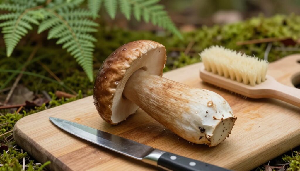 A close-up view of a freshly harvested "koźlarz babka" mushroom being cleaned on a wooden cutting board. The mushroom, characterized by its distinctive brown cap and smooth texture, is shown alongside a small knife and a soft brush, highlighting the cleaning process. In the background, a soft-focus view of a lush forest floor with ferns and moss creates an earthy atmosphere. The lighting is warm and natural, illuminating the rich colors of the mushroom and the wood, suggesting a peaceful woodland setting. The angle is slightly overhead, providing a clear view of the mushroom and tools while emphasizing the nurturing act of preparing fresh produce.