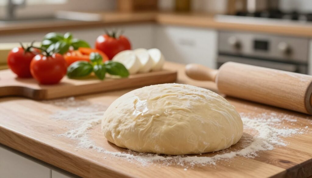 A close-up view of a freshly thawed pizza dough ball resting on a wooden countertop, ready for use. In the foreground, the dough is slightly puffy, with a light sheen on its surface, showcasing its elasticity. Nearby, a rolling pin and a sprinkle of flour add context, suggesting preparation for making pizza. In the middle ground, a set of colorful toppings like vibrant tomatoes, fresh basil, and mozzarella cheese are artfully arranged on a cutting board, evoking a fresh and inviting atmosphere. The background features a cozy kitchen setting with warm, soft lighting illuminating the scene, creating a welcoming mood. The angle is slightly tilted downwards to emphasize the dough and toppings, enhancing the texture details while inviting viewers to imagine the delicious pizza to come.