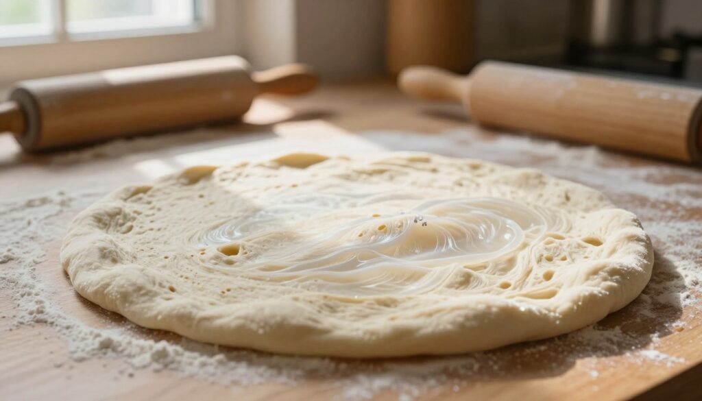 A close-up view of a gently stretched pizza dough on a wooden surface, showing soft, airy texture with small surface imperfections and tiny holes, symbolizing the concept of "dziury." In the foreground, the dough is slightly translucent, revealing its elasticity and flexibility. The middle ground features flour dust scattered around, emphasizing the kitchen setting. In the background, a soft-lit kitchen atmosphere reveals rustic kitchen tools like a rolling pin and a wooden board. Natural lighting streams in from a nearby window, creating warm highlights and gentle shadows, enhancing the inviting mood of home cooking. The lens focuses on the dough, allowing the viewer to appreciate the textures and details closely.