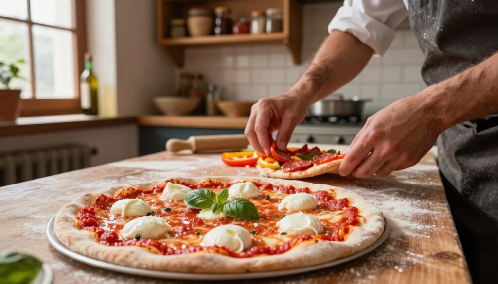 A close-up view of a gourmet pizza being prepared in a rustic Italian kitchen. In the foreground, a freshly made pizza crust is delicately topped with vibrant red tomato sauce, glistening mozzarella cheese, and a sprinkle of fresh basil leaves. In the middle, skilled hands in modest culinary attire place slices of pepperoni and colorful bell peppers on the pizza, showcasing attention to quality ingredients. The background features a warm, inviting kitchen with wooden shelves filled with spices and olive oil, hinting at a cozy cooking atmosphere. Soft, natural lighting streams in from a window, casting gentle shadows in the space, evoking a sense of warmth and authenticity. The scene captures the essence of artisanal pizza-making, highlighting both the skill involved and the delicious final product.