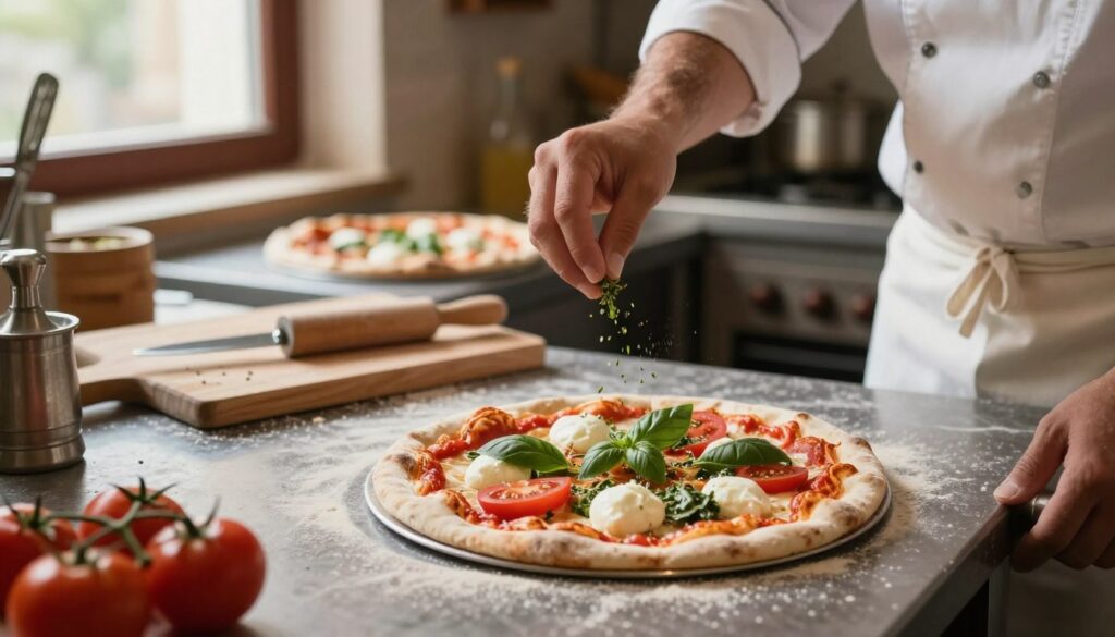 A close-up view of a gourmet pizza being prepared in a rustic kitchen, showcasing fresh ingredients like vibrant tomatoes, basil, and mozzarella. In the foreground, a skilled chef sprinkles herbs on the pizza dough, wearing a neat chef's apron. The middle layer displays a wooden cutting board with utensils and a rolling pin, while a few baked pizzas cool on a countertop in the background. Soft, warm lighting streams through a window to create a cozy, inviting atmosphere. The scene contrasts the artisanal pizza-making process against the notion of fast food, conveying the theme of quality versus convenience in dining. The image is framed with a slight tilt, providing a dynamic perspective and an engaging focus on the chef. A close-up view of a gourmet pizza being prepared in a rustic kitchen, showcasing fresh ingredients like vibrant tomatoes, basil, and mozzarella. In the foreground, a skilled chef sprinkles herbs on the pizza dough, wearing a neat chef's apron. The middle layer displays a wooden cutting board with utensils and a rolling pin, while a few baked pizzas cool on a countertop in the background. Soft, warm lighting streams through a window to create a cozy, inviting atmosphere. The scene contrasts the artisanal pizza-making process against the notion of fast food, conveying the theme of quality versus convenience in dining. The image is framed with a slight tilt, providing a dynamic perspective and an engaging focus on the chef.