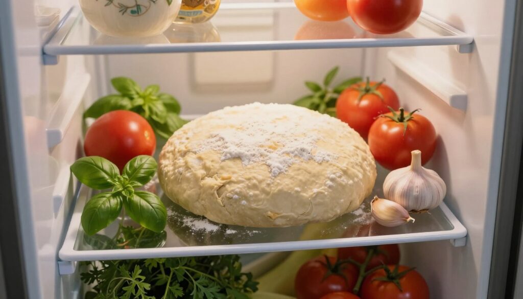 A close-up view of a half-open refrigerator featuring a bowl of pizza dough resting on a glass shelf, surrounded by fresh ingredients like tomatoes, basil, and garlic. The dough is slightly puffy, indicating it has been fermenting, with a dusting of flour on top. Soft, diffused lighting illuminates the scene, casting gentle shadows and creating a warm, inviting atmosphere. The refrigerator's interior should be clean and organized, with shelves displaying various herbs and vegetables, providing context about pizza preparation. The angle should be slightly from above, focusing on the dough while hinting at the vibrant colors of the ingredients nearby, evoking a sense of culinary creativity and readiness for cooking. No text or watermarks included. A close-up view of a half-open refrigerator featuring a bowl of pizza dough resting on a glass shelf, surrounded by fresh ingredients like tomatoes, basil, and garlic. The dough is slightly puffy, indicating it has been fermenting, with a dusting of flour on top. Soft, diffused lighting illuminates the scene, casting gentle shadows and creating a warm, inviting atmosphere. The refrigerator's interior should be clean and organized, with shelves displaying various herbs and vegetables, providing context about pizza preparation. The angle should be slightly from above, focusing on the dough while hinting at the vibrant colors of the ingredients nearby, evoking a sense of culinary creativity and readiness for cooking. No text or watermarks included.