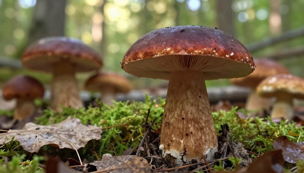 A close-up view of a "piaskowiec modrzak" mushroom, showcasing its distinct features such as the smooth, dark brown to reddish cap, and gill structure for identification. In the foreground, the mushroom is depicted on a bed of dry leaves and moss, highlighting its natural habitat. In the middle ground, surrounding elements such as other common mushrooms that could be confused with it, like the poisonous varieties, provide context for identification. The background consists of a softly blurred forest scene with dappled sunlight filtering through the trees, creating a warm, inviting atmosphere. The image should be well-lit with natural light, captured from a low angle to emphasize the mushroom’s details and the lush surroundings, conveying the essence of foraging in nature.