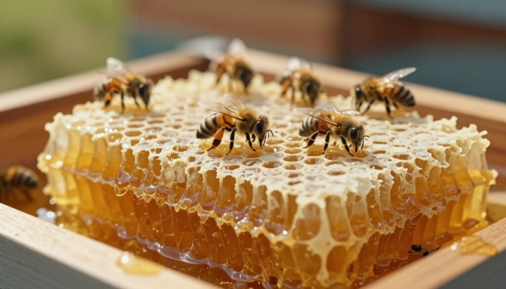 A close-up view of a piece of honeycomb filled with golden honey, featuring a thick layer of bee wax on the surface. The foreground showcases the textured surface of the wax, highlighting its natural sheen and slight translucence. In the middle ground, delicate bees can be seen working diligently around the honeycomb, emphasizing the essential role they play in honey production. The background is softly blurred, suggesting a warm, sunlit beehive with hints of wood and natural materials. The lighting is warm and inviting, casting gentle shadows to enhance the details of the wax and honey. The overall mood is one of nature’s harmony, celebrating the beauty and safety of bee products.