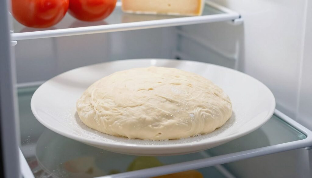 A close-up view of a pizza dough in the process of thawing inside a refrigerator. The dough is visibly softening, displayed on a clean white plate with condensation around it, hinting at the cold environment. The refrigerator's interior is well-lit, showcasing a few other ingredients like tomatoes and cheese on shelves in the background, adding context to the pizza-making theme. The scene is peaceful and organized, with a clear focus on the dough, illuminated by soft, natural lighting that enhances its texture. The angle is slightly tilted, giving depth to the image and inviting the viewer to witness this essential step in preparing the perfect pizza. The overall mood is calm and inviting, emphasizing the careful process of dough thawing.