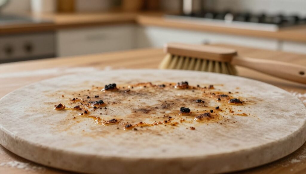 A close-up view of a pizza stone with burnt residue and difficult stains from previous baking sessions. The foreground features the stone's textured surface, showcasing charred bits and remnants of toppings, glistening slightly with grease. In the middle ground, a gentle scrub brush rests beside the stone, hinting at a cleaning process. The background shows a cozy kitchen, softly lit with warm ambient light, where a wooden countertop and some scattered flour create a homely atmosphere. Camera angle is slightly tilted to highlight the stain details, with a shallow depth of field to emphasize the texture of the stone while gently blurring the background. The overall mood is inviting yet practical, focused on the challenge of maintaining a pizza stone in optimal condition. A close-up view of a pizza stone with burnt residue and difficult stains from previous baking sessions. The foreground features the stone's textured surface, showcasing charred bits and remnants of toppings, glistening slightly with grease. In the middle ground, a gentle scrub brush rests beside the stone, hinting at a cleaning process. The background shows a cozy kitchen, softly lit with warm ambient light, where a wooden countertop and some scattered flour create a homely atmosphere. Camera angle is slightly tilted to highlight the stain details, with a shallow depth of field to emphasize the texture of the stone while gently blurring the background. The overall mood is inviting yet practical, focused on the challenge of maintaining a pizza stone in optimal condition.