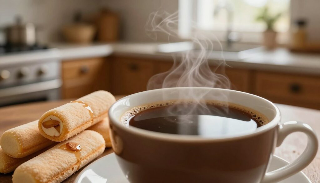 A close-up view of a rich, aromatic cup of coffee infused with a subtle almond flavor, surrounded by freshly soaked ladyfinger biscuits. The coffee, deep brown and inviting, steams gently, casting a warm glow in the foreground. Delicately placed in the middle ground are the biszkopty, showing a moist texture from soaking, with a hint of almond essence visible in the glistening syrup. In the background, a soft-focus kitchen setting captures a cozy atmosphere, with warm wooden cabinets and natural light filtering through a window, creating a homey feel. The image is styled to evoke a sense of indulgence and comfort, ideal for a culinary exploration, shot at a slight angle to give depth and focus to the coffee and biscuits.