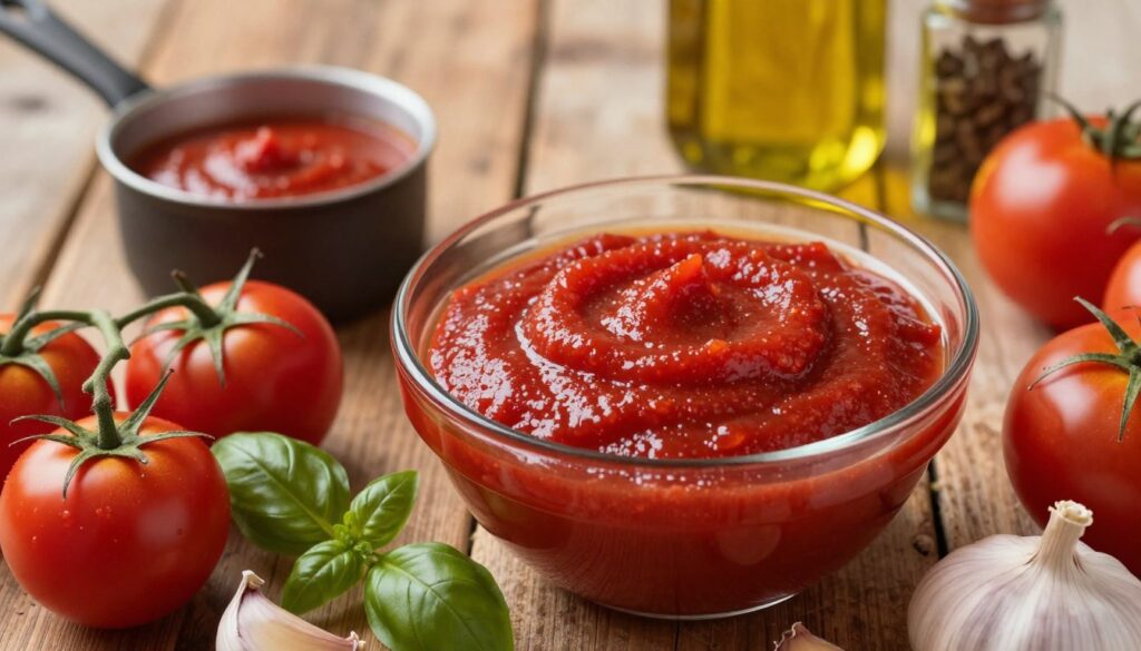A close-up view of a rich, thick tomato paste in a glass bowl, vibrant red with a glossy sheen. In the foreground, several fresh tomatoes, a sprig of basil, and a clove of garlic are artistically arranged around the bowl, highlighting the freshness of the ingredients. In the middle ground, a rustic wooden table serves as a surface, providing warmth and texture, while a small pot for sauce preparation sits nearby. In the background, soft-focus kitchen elements like olive oil bottles and spices create a cozy, inviting atmosphere. The lighting is soft and natural, casting gentle shadows, evoking a sense of home-cooked comfort. The angle is slightly overhead, giving an intimate perspective of the sauce-making process.