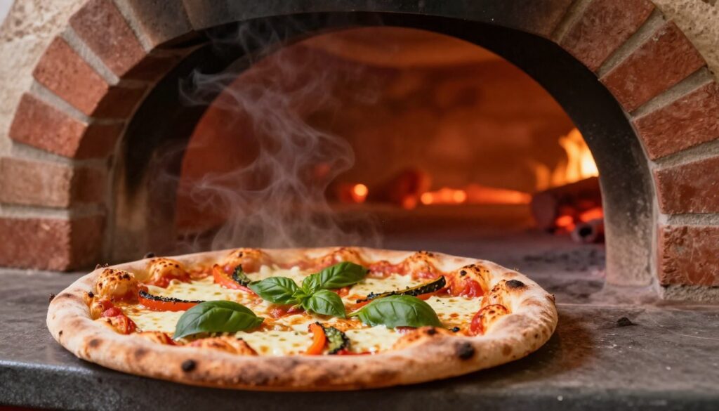 A close-up view of a rustic pizza oven in action, with a freshly baked pizza inside. The foreground features a well-defined, round pizza with a golden-brown crust, bubbling cheese, and vibrant toppings like fresh basil and colorful vegetables. The middle of the image captures the glowing embers of the oven, radiating warm orange and red hues. The background shows the oven’s brick structure, exuding an authentic Italian charm, with steam rising gently from the open oven door. The lighting is warm and inviting, emphasizing the textures of the pizza and the oven. The atmosphere conveys a sense of anticipation and culinary delight, highlighting the art of perfectly baking a pizza.