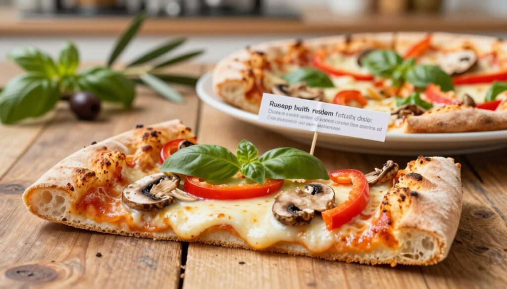 A close-up view of a slice of Guseppe pizza, showcasing the vibrant colors of fresh toppings like bell peppers, mushrooms, and basil, with melted cheese glistening on top. In the foreground, display the slice on a rustic wooden table, emphasizing the texture of the crust. In the middle ground, include a beautifully arranged plate that highlights the pizza’s nutritional components, such as protein-rich toppings and healthy fats. In the background, a softly lit kitchen with herbs and olives can be seen, creating a warm, inviting atmosphere. Use soft natural lighting to enhance the colors and textures, capturing the essence of this delicious and nutritious pizza. The overall mood should be appetizing and wholesome, perfect for a health-focused article. A close-up view of a slice of Guseppe pizza, showcasing the vibrant colors of fresh toppings like bell peppers, mushrooms, and basil, with melted cheese glistening on top. In the foreground, display the slice on a rustic wooden table, emphasizing the texture of the crust. In the middle ground, include a beautifully arranged plate that highlights the pizza’s nutritional components, such as protein-rich toppings and healthy fats. In the background, a softly lit kitchen with herbs and olives can be seen, creating a warm, inviting atmosphere. Use soft natural lighting to enhance the colors and textures, capturing the essence of this delicious and nutritious pizza. The overall mood should be appetizing and wholesome, perfect for a health-focused article.