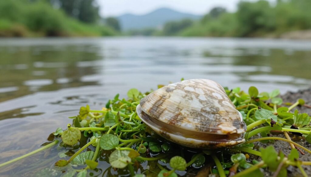 A close-up view of a szczeżuja (Asian clam) resting on a bed of fresh, vibrant green aquatic plants. In the foreground, the clam's intricate shell patterns glisten under soft, natural lighting, showcasing its subtle hues of beige and brown. The middle ground features gentle ripples in clear water, suggesting a serene river or lake environment. In the background, blurred silhouettes of lush greenery and the gentle outline of distant mountains create a tranquil atmosphere. The overall mood is calm and inviting, highlighting the clam's potential as a delicacy, while subtly emphasizing caution for foraging. Capture this scene with a shallow depth of field and a slight overhead angle to bring focus to the clam while hinting at its natural setting. A close-up view of a szczeżuja (Asian clam) resting on a bed of fresh, vibrant green aquatic plants. In the foreground, the clam's intricate shell patterns glisten under soft, natural lighting, showcasing its subtle hues of beige and brown. The middle ground features gentle ripples in clear water, suggesting a serene river or lake environment. In the background, blurred silhouettes of lush greenery and the gentle outline of distant mountains create a tranquil atmosphere. The overall mood is calm and inviting, highlighting the clam's potential as a delicacy, while subtly emphasizing caution for foraging. Capture this scene with a shallow depth of field and a slight overhead angle to bring focus to the clam while hinting at its natural setting.