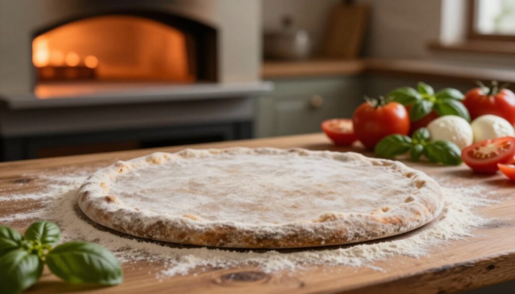 A close-up view of a traditional pizza stone, shaped like a round disc, sitting on a rustic wooden table. The stone is lightly dusted with flour, showing its texture and worn edges, catching the warm glow of ambient kitchen lighting. In the background, an oven with the door slightly ajar emits a soft orange light, hinting at the high temperature of 250°C. Arranged beside the pizza stone, fresh ingredients like vibrant tomatoes, basil leaves, and mozzarella cheese create an inviting atmosphere. The mood is warm and homey, evoking a sense of culinary craftsmanship. The focus is sharp on the pizza stone, while the background is gently blurred to draw attention to the stone's detail.