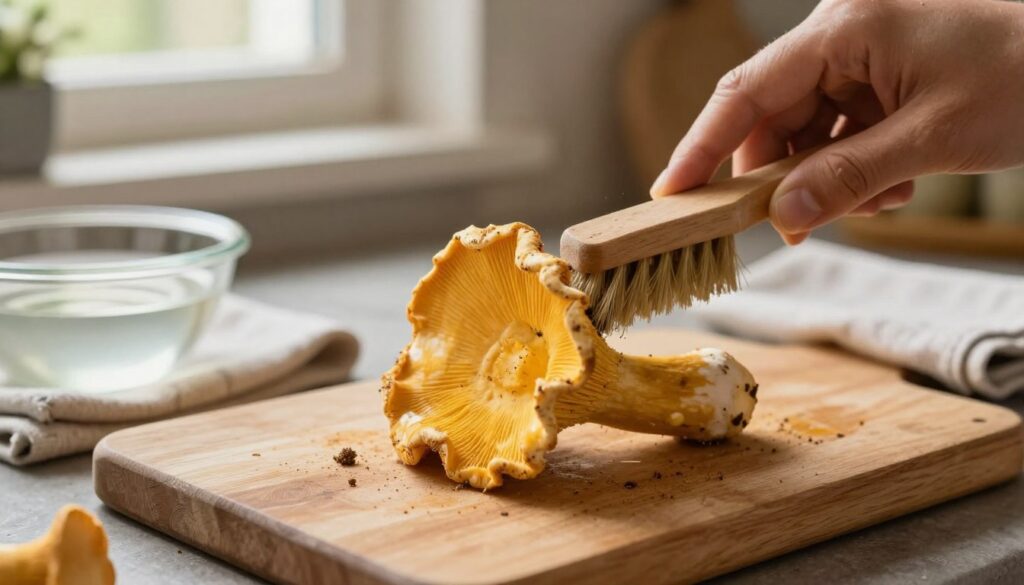 A close-up view of a yellow bolete mushroom ('maślak żółty') being cleaned in a rustic kitchen setting. The foreground showcases a hand gently brushing off dirt from the mushroom with a soft-bristled brush, highlighting the mushroom’s rich yellow color and textured surface. In the middle, a wooden cutting board is visible, adorned with a small bowl of water and a cloth for cleaning, creating a sense of preparation. In the background, warm, natural light filters through a window, illuminating the scene and casting soft shadows. The atmosphere is cozy and inviting, emphasizing the care and attention given to the cleaning process, making it a perfect depiction of "czyszczenie maślaka."