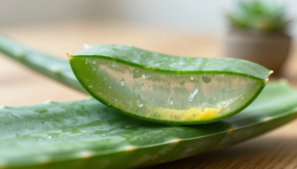 A close-up view of an aloe vera leaf, showcasing its intricate structure. In the foreground, emphasize the thick outer skin with visible texture and slight translucence, revealing the gel-like substance underneath. The middle layer should feature the clear, luscious aloe gel glistening under soft natural light, highlighting its fresh appearance. Incorporate a cross-section of the leaf to illustrate the inner latex, with a rich, slightly yellow hue. In the background, include a blurred, softly lit indoor setting with a wooden table and some potted succulents to create a warm atmosphere. Use a macro lens effect to bring focus on the details of the aloe leaf, giving the image a vibrant and educational mood.