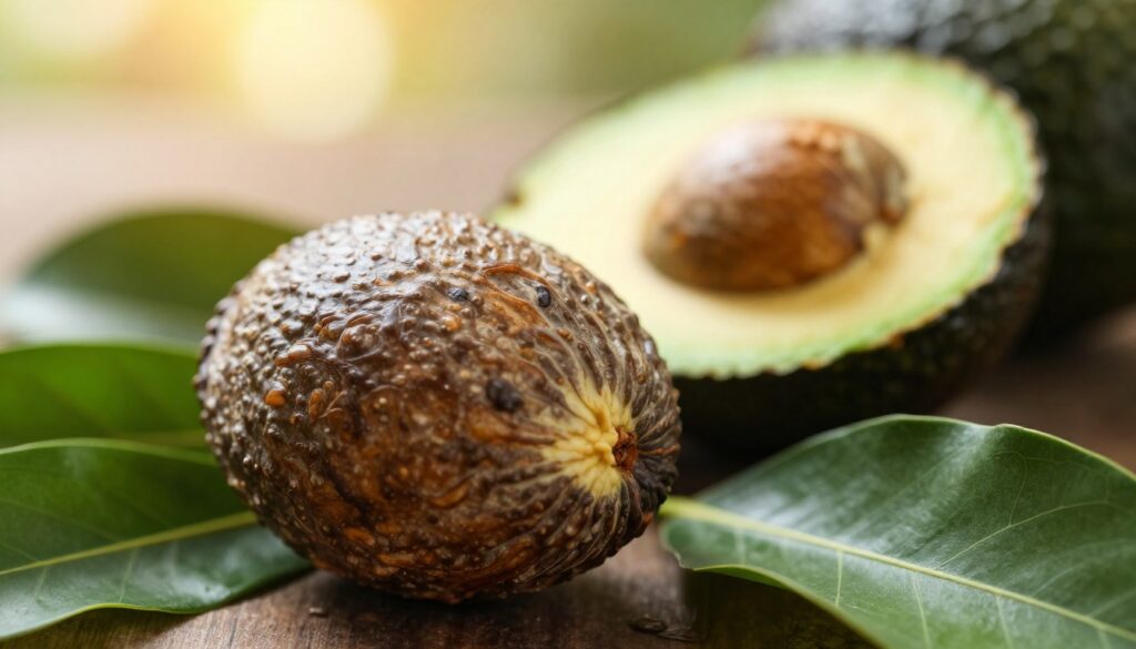 A close-up view of an avocado pit (pestka awokado) with intricate textures and shades of brown, nestled in a natural setting. The foreground features a detailed, glistening avocado pit, surrounded by fresh green avocado leaves that cascade softly, adding vibrant contrast. In the middle ground, a partially sliced avocado reveals the creamy flesh, inviting curiosity about its contents. The background softly blurs to showcase a gentle, warm sunlight filtering through, creating an inviting, earthy ambiance. The image captures a serene, wholesome mood, emphasizing the natural beauty and potential of the avocado seed, with a soft bokeh effect to enhance focus on the pit. Use a macro lens for sharp detail and rich colors.