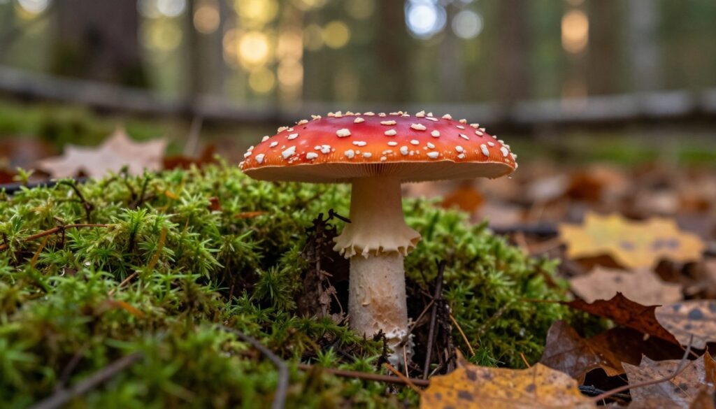 A close-up view of "czarka szkarłatna," also known as the scarlet cup mushroom, vividly depicting its vibrant red color and unique cup-shaped structure. The mushroom should be shown nestled among a bed of rich green moss and fallen autumn leaves, indicating a forest floor in Poland. In the background, soft-focused trees and dappled sunlight filtering through the leaves create a serene and natural atmosphere. The lighting should be warm and inviting, highlighting the texture and details of the mushroom's surface. A shallow depth of field will draw attention to the subject while maintaining an authentic woodland setting. The overall mood should be tranquil and exploratory, inviting viewers to connect with the natural environment.