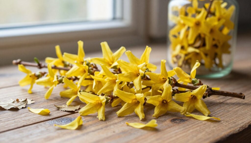 A close-up view of freshly picked forsythia flowers being dried, arranged beautifully on a wooden surface. The vibrant yellow blossoms, rich in hue, contrast with the rustic texture of the wood. Delicate petals scattered around, some intermingled with dried leaves, create a natural and organic feel. In the background, soft natural light filters through a window, casting gentle shadows and enhancing the warmth of the scene. A vintage glass jar, partially filled with dried forsythia, sits to one side, hinting at preservation methods. The atmosphere is serene and inviting, evoking a sense of sustainability and appreciation for nature. The composition focuses on the beauty and simplicity of drying flowers for long-term enjoyment.
