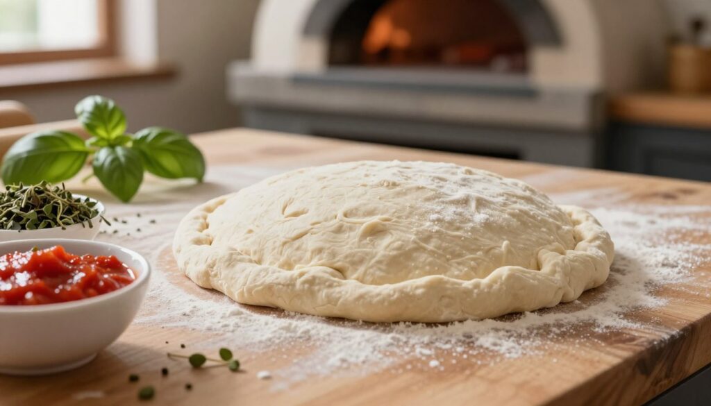 A close-up view of freshly prepared pizza dough resting on a wooden countertop, with its surface textured and slightly puffy, indicating optimal fermentation. Surrounding the dough, vibrant ingredients such as tangy tomato sauce in a small bowl, aromatic herbs like basil and oregano, and a sprinkle of flour to convey a rustic kitchen atmosphere. In the background, a stone pizza oven is faintly visible, its warm glow hinting at heat, while soft light illuminates the scene from a nearby window, casting gentle shadows. The mood is inviting and warm, evoking the anticipation of creating the perfect pizza. The focus is on the dough and toppings, ensuring no distractions from the main subject.