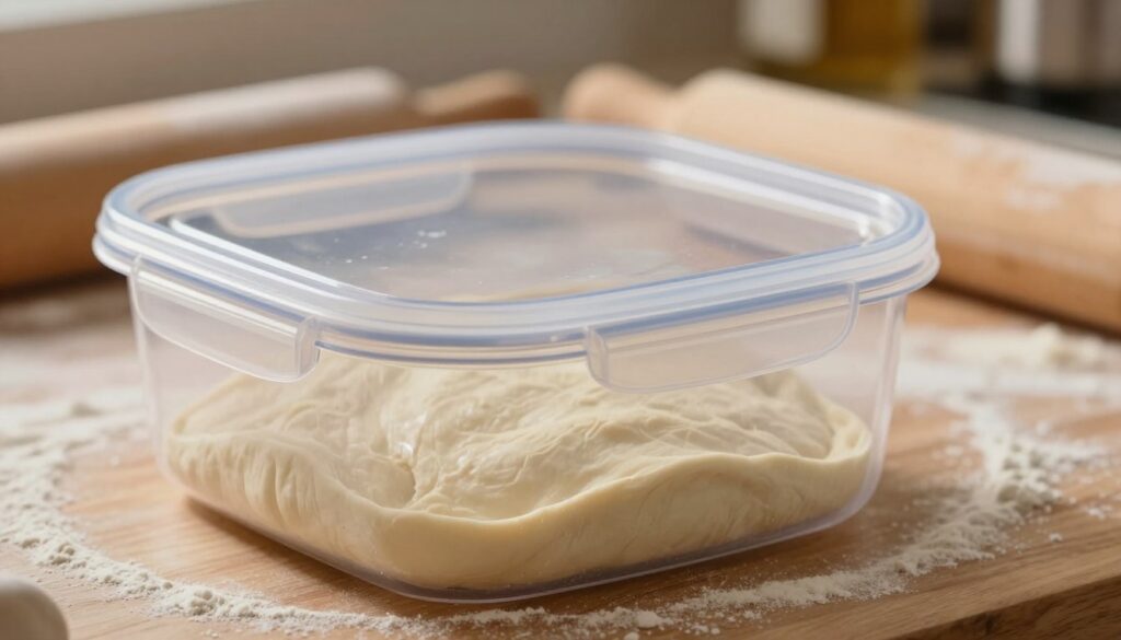A close-up view of pizza dough being stored in a transparent airtight container, showcasing its smooth texture and slight gloss. The container should feature a secure lid, emphasizing proper storage for the dough. In the background, a rolled-out pizza dough rests on a wooden countertop, dusted with flour, hinting at a kitchen setting. Soft, warm lighting illuminates the scene, creating a cozy and inviting atmosphere. A gentle focus on the container while the background remains slightly blurred helps to draw attention to the dough preparation process. The image should evoke feelings of culinary freshness and the anticipation of creating a delicious pizza. A close-up view of pizza dough being stored in a transparent airtight container, showcasing its smooth texture and slight gloss. The container should feature a secure lid, emphasizing proper storage for the dough. In the background, a rolled-out pizza dough rests on a wooden countertop, dusted with flour, hinting at a kitchen setting. Soft, warm lighting illuminates the scene, creating a cozy and inviting atmosphere. A gentle focus on the container while the background remains slightly blurred helps to draw attention to the dough preparation process. The image should evoke feelings of culinary freshness and the anticipation of creating a delicious pizza.