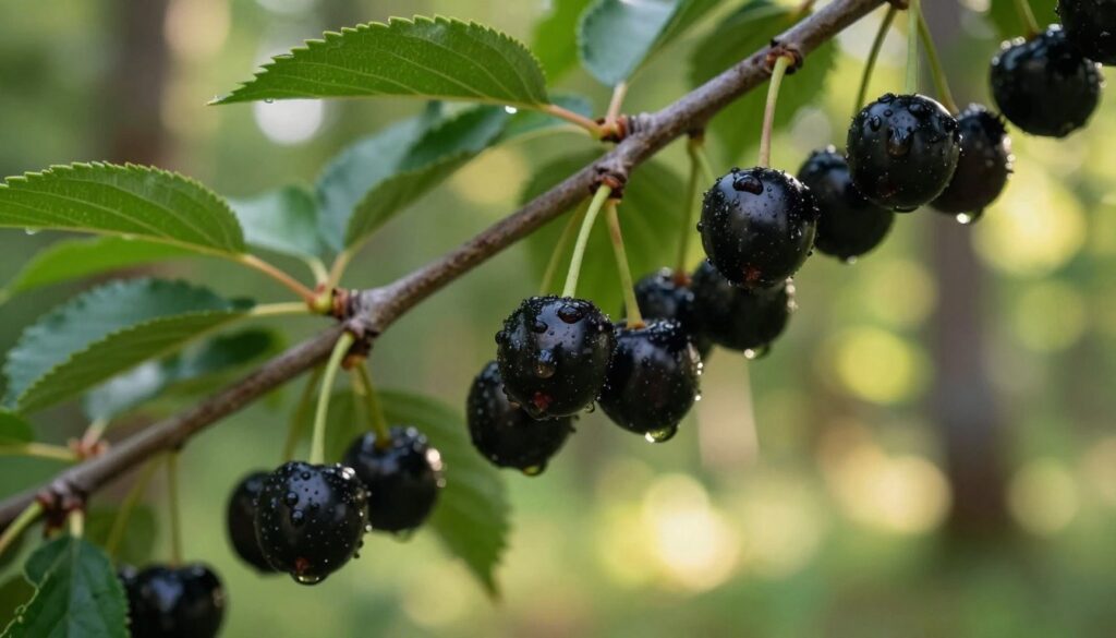 A close-up view of ripe black chokecherries hanging from a lush green branch, showcasing clusters of shiny, dark fruits with a slightly glossy texture. The foreground captures the details of the berries in vivid clarity, with droplets of fresh dew clinging to their surface, signaling freshness. In the middle ground, the rich green leaves of the chokecherry tree create a soft, contrasting backdrop, filtered sunlight causing a gentle bokeh effect. The background fades into a soft-focus, depicting an inviting forest scene with dappled sunlight filtering through the trees, evoking a warm, tranquil atmosphere. The overall mood should be serene and natural, perfectly illustrating the edible quality of the chokecherry fruits for the section on their consumption. A close-up view of ripe black chokecherries hanging from a lush green branch, showcasing clusters of shiny, dark fruits with a slightly glossy texture. The foreground captures the details of the berries in vivid clarity, with droplets of fresh dew clinging to their surface, signaling freshness. In the middle ground, the rich green leaves of the chokecherry tree create a soft, contrasting backdrop, filtered sunlight causing a gentle bokeh effect. The background fades into a soft-focus, depicting an inviting forest scene with dappled sunlight filtering through the trees, evoking a warm, tranquil atmosphere. The overall mood should be serene and natural, perfectly illustrating the edible quality of the chokecherry fruits for the section on their consumption.