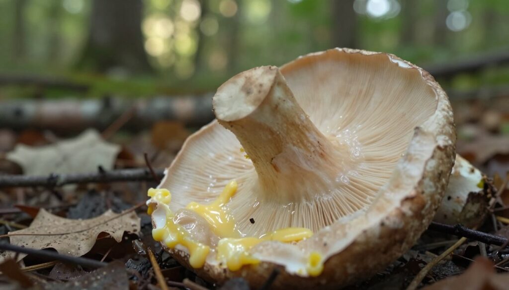 A close-up view of the cut flesh of a "maślaka pstry" mushroom, showcasing its unique texture and distinctive coloration. The foreground features the mushroom's moist, creamy interior with subtle hints of yellow and brown, capturing the essence of its buttery scent. Surrounding the mushroom are scattered leaves and twigs indicative of its natural habitat, creating a woodland atmosphere. In the middle ground, soft dappled light filters through the trees, enhancing the earthy tones. The background reveals a blurred forest scene, evoking the tranquility of a forest floor. The overall mood is serene and inviting, emphasizing the fascination with foraging for edible mushrooms. The image should be well-lit, with a shallow depth of field to focus on the mushroom, creating an intimate and educational feel. A close-up view of the cut flesh of a "maślaka pstry" mushroom, showcasing its unique texture and distinctive coloration. The foreground features the mushroom's moist, creamy interior with subtle hints of yellow and brown, capturing the essence of its buttery scent. Surrounding the mushroom are scattered leaves and twigs indicative of its natural habitat, creating a woodland atmosphere. In the middle ground, soft dappled light filters through the trees, enhancing the earthy tones. The background reveals a blurred forest scene, evoking the tranquility of a forest floor. The overall mood is serene and inviting, emphasizing the fascination with foraging for edible mushrooms. The image should be well-lit, with a shallow depth of field to focus on the mushroom, creating an intimate and educational feel.