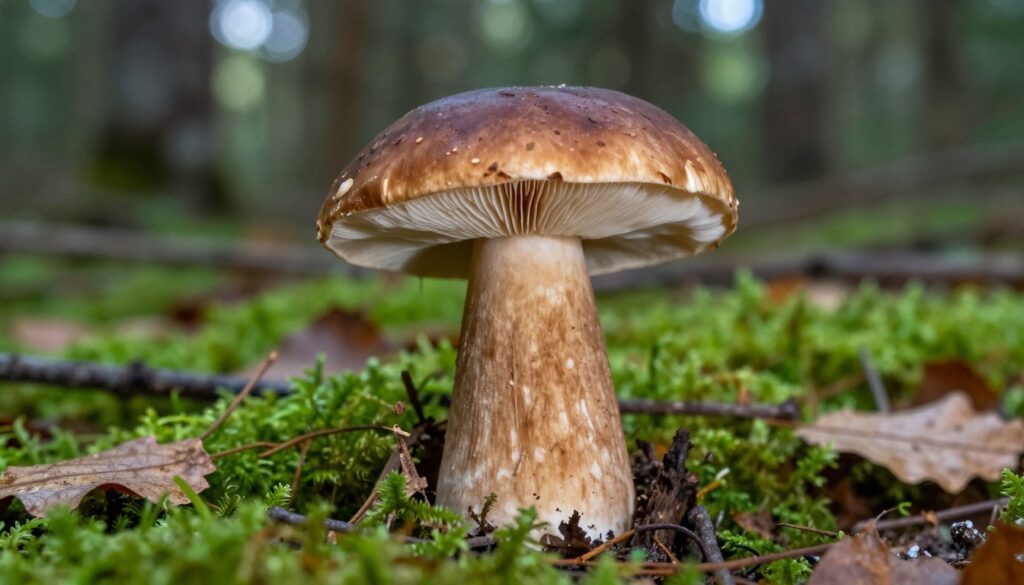A close-up view of the edible mushroom, Piestrzenica kasztanowata, showcasing its distinctive chestnut-brown cap and white gills. The foreground features a vibrant green forest floor, with fallen leaves and moss, highlighting the natural habitat where this mushroom typically grows. In the background, softly focused trees create a serene woodland atmosphere. The lighting is soft and diffused, mimicking the gentle dappled sunlight filtering through the treetops, enhancing the rich colors of the mushroom and its surroundings. The overall mood is calm and inviting, encouraging caution and respect for nature. The image captures the essence of exploring edible wild mushrooms in Poland, evoking curiosity and admiration for their beauty.
