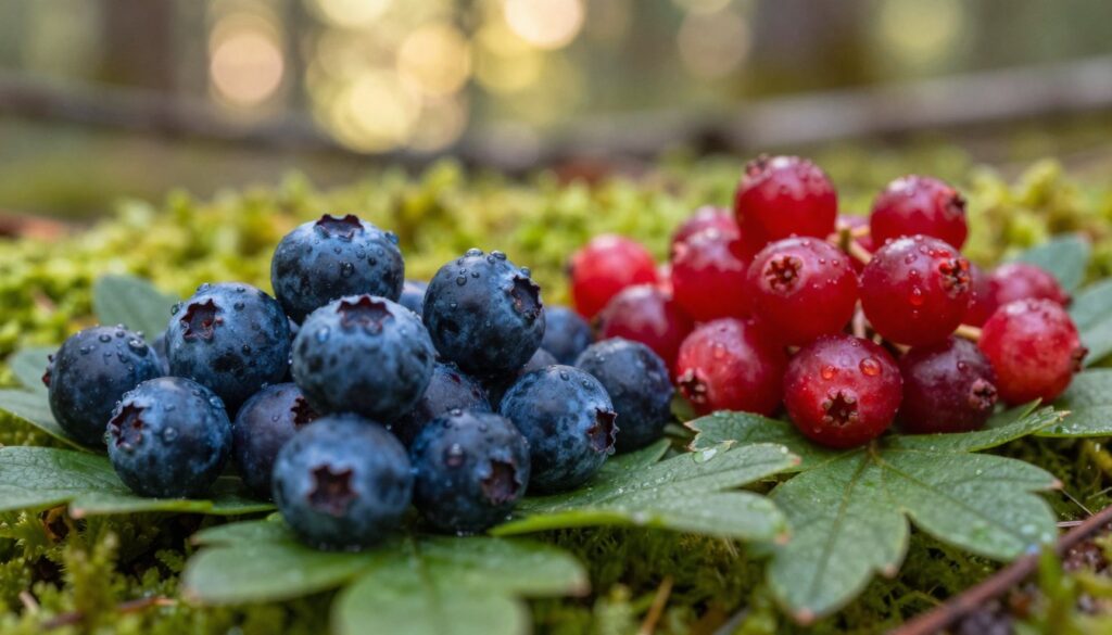 A close-up view of two distinct types of berries: the ripe, dark blue borówka brusznica (lingonberry) and the vibrant, bright red żurawina (cranberry). The foreground features a detailed arrangement of both berries on lush green leaves, showcasing their textures and colors. In the middle ground, a softly blurred backdrop of a forest setting, hinting at a natural habitat rich with moss and soft light filtering through trees, creates an inviting atmosphere. The lighting is warm and natural, highlighting the glossy surface of the berries. The image is captured with a macro lens effect to emphasize the fine details of the berries, including tiny droplets of water that suggest freshness. The mood is serene and vibrant, perfect for illustrating the similarities and key differences between these two edible fruits. A close-up view of two distinct types of berries: the ripe, dark blue borówka brusznica (lingonberry) and the vibrant, bright red żurawina (cranberry). The foreground features a detailed arrangement of both berries on lush green leaves, showcasing their textures and colors. In the middle ground, a softly blurred backdrop of a forest setting, hinting at a natural habitat rich with moss and soft light filtering through trees, creates an inviting atmosphere. The lighting is warm and natural, highlighting the glossy surface of the berries. The image is captured with a macro lens effect to emphasize the fine details of the berries, including tiny droplets of water that suggest freshness. The mood is serene and vibrant, perfect for illustrating the similarities and key differences between these two edible fruits.
