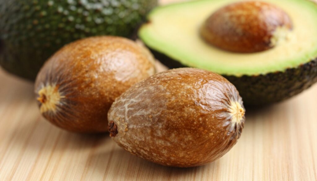 A close-up view of two ripe avocado seeds, showcasing their smooth, brown, glossy surfaces with subtle texture variations. Place one seed prominently in the foreground, highlighting its natural curves and details, while the second seed rests slightly behind it, partially in shadow. In the background, include a softly blurred arrangement of fresh avocado halves, revealing the creamy green flesh and contrasting pit, bathed in warm, natural light that enhances the rich tones of the avocados. Use a shallow depth of field to draw attention to the seeds, evoking curiosity and inviting viewers to explore their edibility. The overall mood should be fresh and organic, suggesting natural health and wellness.