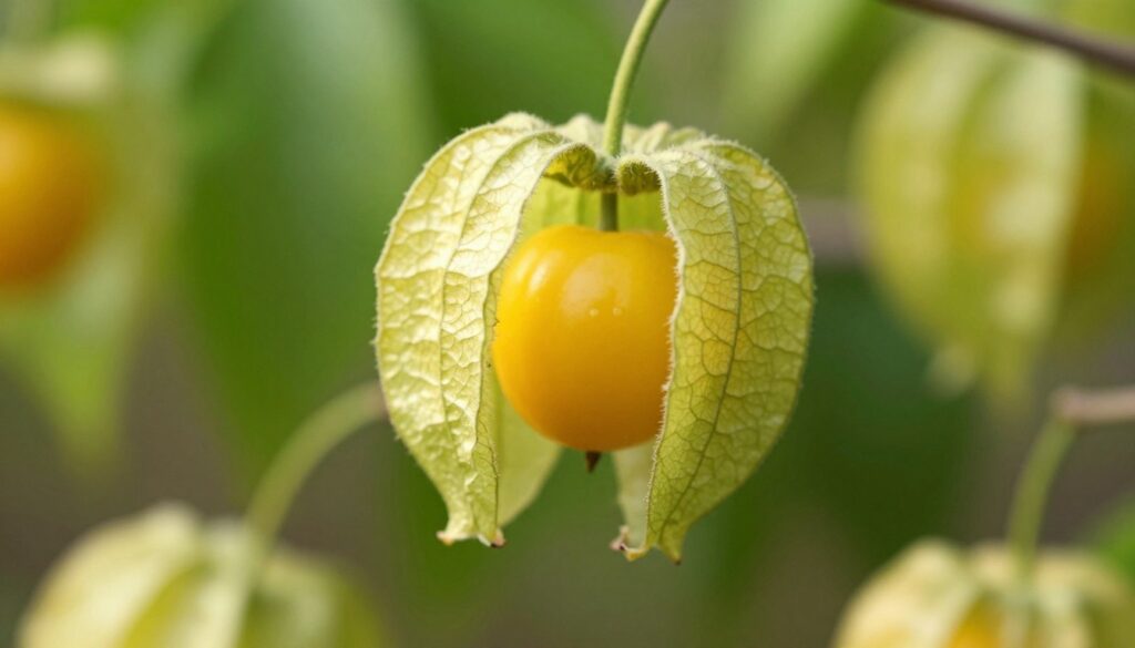A close-up view of unripe Physalis (niedojrzałe owoce miechunki) fruits hanging delicately inside their papery husks. The scene is set against a softly blurred natural background of lush green foliage, emphasizing the vibrant yellow-green color of the fruits. The lighting is warm and diffused, capturing the subtle details of the fruit's texture, including its smooth skin and the unique star-like shape. A shallow depth of field enhances the focus on the fruits, creating a sense of intimacy and highlighting their potential dangers. The overall mood is cautious and informative, reflecting the theme of the risks associated with consuming unripe fruits. A close-up view of unripe Physalis (niedojrzałe owoce miechunki) fruits hanging delicately inside their papery husks. The scene is set against a softly blurred natural background of lush green foliage, emphasizing the vibrant yellow-green color of the fruits. The lighting is warm and diffused, capturing the subtle details of the fruit's texture, including its smooth skin and the unique star-like shape. A shallow depth of field enhances the focus on the fruits, creating a sense of intimacy and highlighting their potential dangers. The overall mood is cautious and informative, reflecting the theme of the risks associated with consuming unripe fruits.