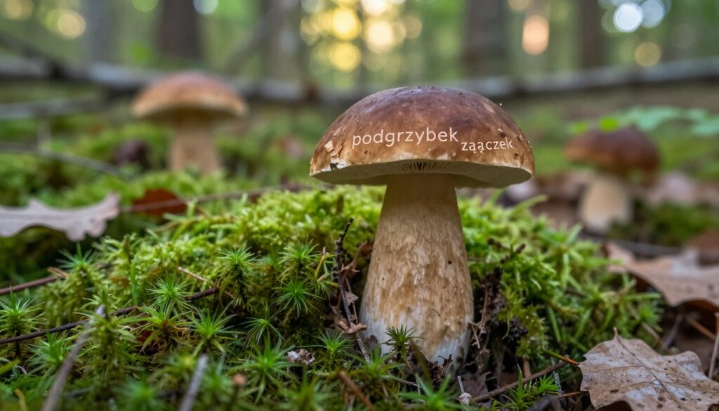 A closely focused view of the "podgrzybek zajączek" mushroom in its natural forest habitat. The foreground features the mushroom prominently, showcasing its unique characteristics—round, brown cap with a slightly lighter underside and a thick, white stem. Surrounding the mushroom, rich green moss and scattered fallen leaves create a natural, earthy backdrop. In the middle ground, softer, blurred details of other foliage and mushrooms enhance the setting but do not distract from the subject. The background fades into a gentle, dappled sunlight filtering through trees, creating a serene, tranquil atmosphere. The lighting is warm and natural, capturing the essence of a peaceful woodland scene. A wide-angle lens effect accentuates the details while maintaining the context of its environment.