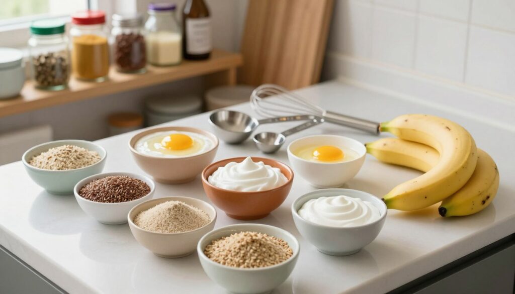 A colorful and inviting kitchen countertop, featuring a variety of egg substitutes arranged artistically. In the foreground, showcase small bowls filled with diverse alternatives like flaxseed meal, aquafaba, and mashed bananas. In the middle ground, display measuring spoons and a whisk, suggesting preparation. The background shows a blurred shelf stocked with cooking supplies, such as spices and condiments. Soft, natural lighting from a nearby window illuminates the scene, creating a warm and inviting atmosphere. The angle is slightly above the countertop, offering an aerial view that highlights the ingredients and tools, perfect for a culinary article. The overall mood is cheerful and energetic, emphasizing creativity in cooking.