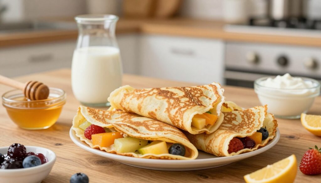 A colorful, inviting close-up of golden-brown "naleśniki" (crepes) stacked on a rustic wooden table, showcasing their soft, delicate texture. Surround the crepes with a variety of alternative fillings and toppings such as fresh fruits, honey, and jam, alongside small bowls of plant-based milks, water, and kefir, emphasizing a healthy, dairy-free lifestyle. The background features a cozy kitchen setting with warm, natural lighting, creating an inviting atmosphere. Use a shallow depth of field to keep the focus on the delicious crepes while softly blurring the kitchen elements in the background. The overall mood is warm, welcoming, and wholesome, perfect for a culinary article focused on milk alternatives in pancake preparation.
